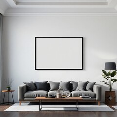 Modern Living Room with Blank Canvas: A contemporary living room with a minimalist aesthetic features a plush gray sofa, a coffee table with a wooden top, and a large, blank canvas above the sofa.