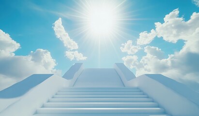 Ascending Steps to Heaven: White Staircase Reaching Bright Sunlit Sky, Peaceful Cloudscape
