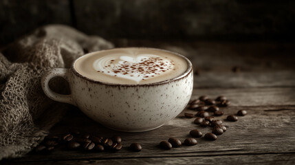 A close-up of a frothy cappuccino with latte art, served in a classic white cup on a rustic wooden table, with coffee beans scattered around.