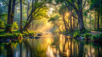 Obraz premium Serene Jessamine Creek: Tranquil Waters, Lush Greenery, Scenic Landscape Photography