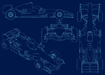 Fototapeta premium Set Contour of a F1 race car. Formula 1 Vector blueprint isolated on a blue background. Side, front, top, isometric view.