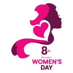 Happy Women's Day greeting card with a woman’s face design on a pink background. Features text 8th March International Women's Day. Ideal for gift cards and celebration themes.