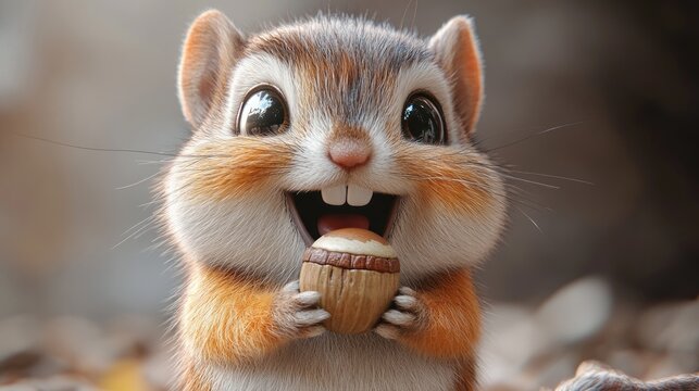 Adorable cartoon chipmunk happily holding an acorn.