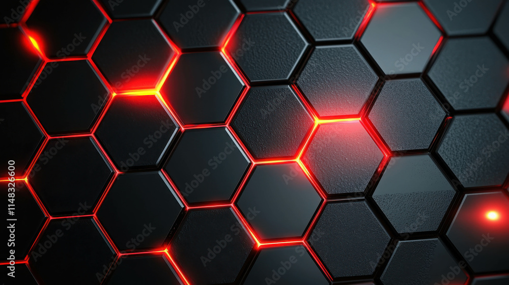 Poster glowing hexagonal pattern on black metallic surface with red accents