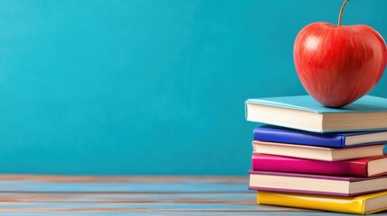 Stacked Books with Red Apple on Vibrant Blue Background