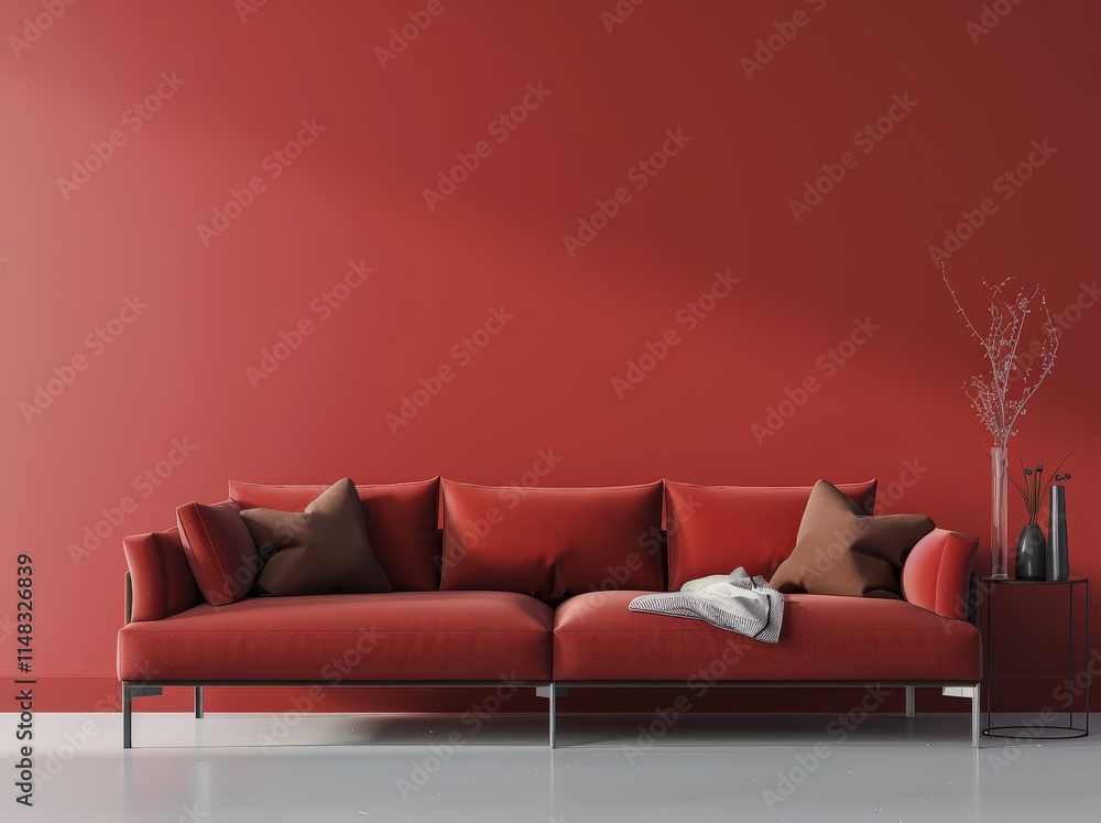 Poster a red sofa with pillows and a blanket sits in front of a red wall with a side table and vase