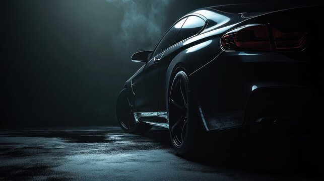 Sleek black coupe, rear view, smoky background.