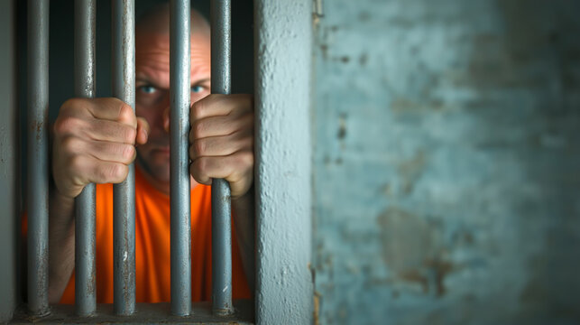 Man in orange jumpsuit holding prison bars at night