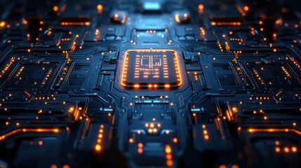 Obraz premium A close-up view of a circuit board with glowing components, illustrating technology's complexity.