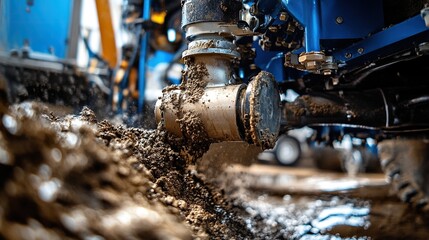 Close-up of muddy tractor planting seeds.
