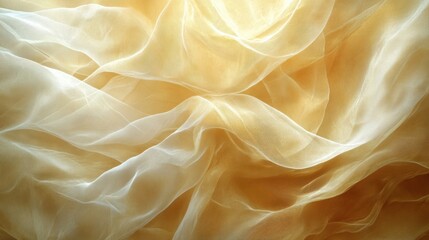 Obraz premium Flowing layers of soft gold and beige fabrics interweave in gentle curves, creating an abstract composition that resembles delicate, shimmering waves in motion. Background 