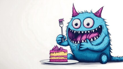 Happy furry blue monster cartoon eating enjoying a slice of cake using a fork, illustration, drawing, childlike, white background