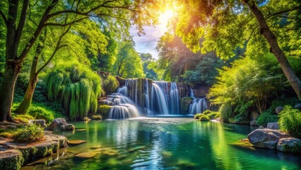 Naklejka premium Serene Waterfall Pond Park: High-Resolution Photography, Nature Scene, Lush Greenery, Tranquil Water, Deep Depth of Field