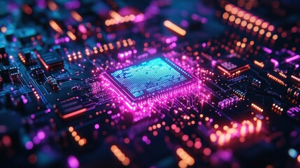 Obraz premium Close-up of a glowing CPU on a circuit board.