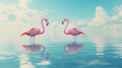Fototapeta premium Pink Flamingos Mirrored in Turquoise Water, Dreamy Romance