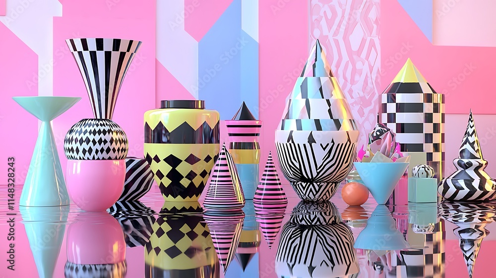 Poster colorful geometric shapes and vases reflected on a glossy surface.