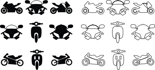 motorcycle and motorbike icon in flat, line set isolated on transparent background Side view all kind of motorcycle from moped, scooter, roadster, sports, cruiser, and chopper. vector for apps, web