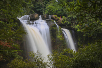 Fototapeta premium Haew Suwat Waterfall is a single-tiered waterfall, not very large, about 25 meters high, with a lot of water during the rainy season. It is located in Khao Yai National Park, Korat.