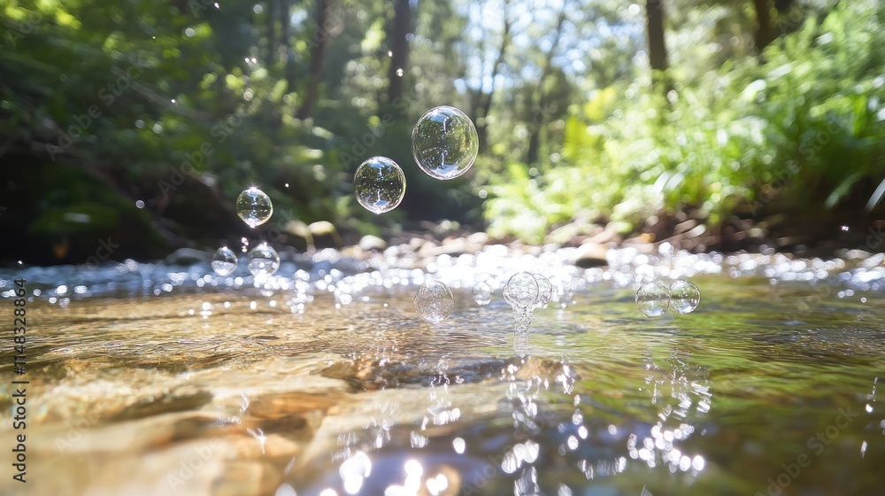 Poster sparkling water bubbles floating over a shallow stream in a lush forest.
