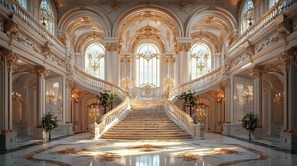 Obraz premium A grand staircase in an opulent hall with ornate decor and natural light.