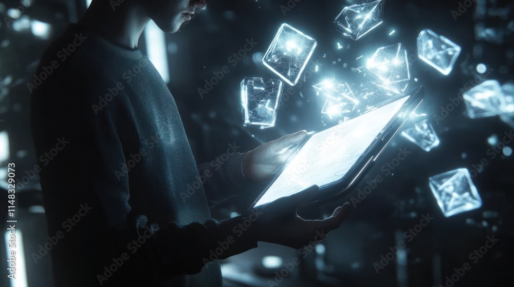 Poster person using a tablet with glowing digital cubes emanating from the screen.
