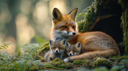 Fototapeta premium Red fox vixen protectively cuddling her two kits in a forest den.