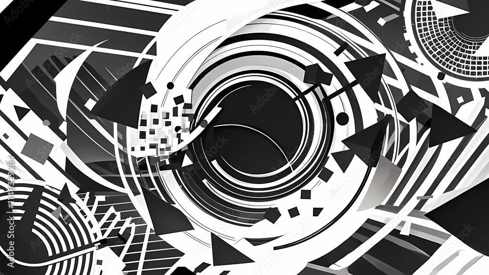 Poster abstract black and white spiral design with round shapes and curved lines, featuring digital element