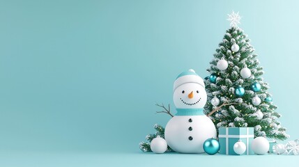 Festive snowman and Christmas tree with gifts on light blue background.