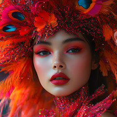 Captivating High Fashion Model with Vibrant Fantasy Makeup in an Exquisite Feathered Headpiece Radiating Colorful Energy and Style