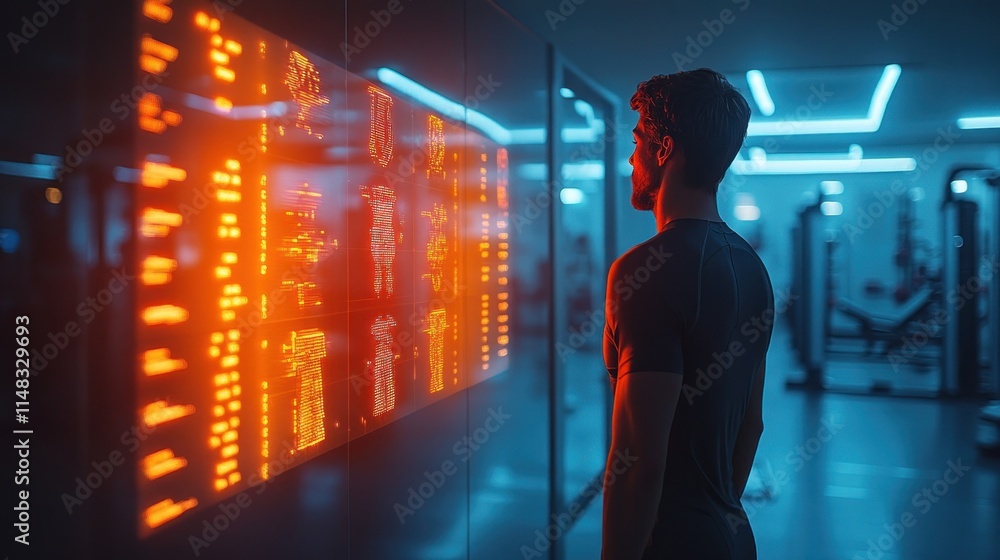 Aufkleber man checking fitness data on digital display in modern gym.