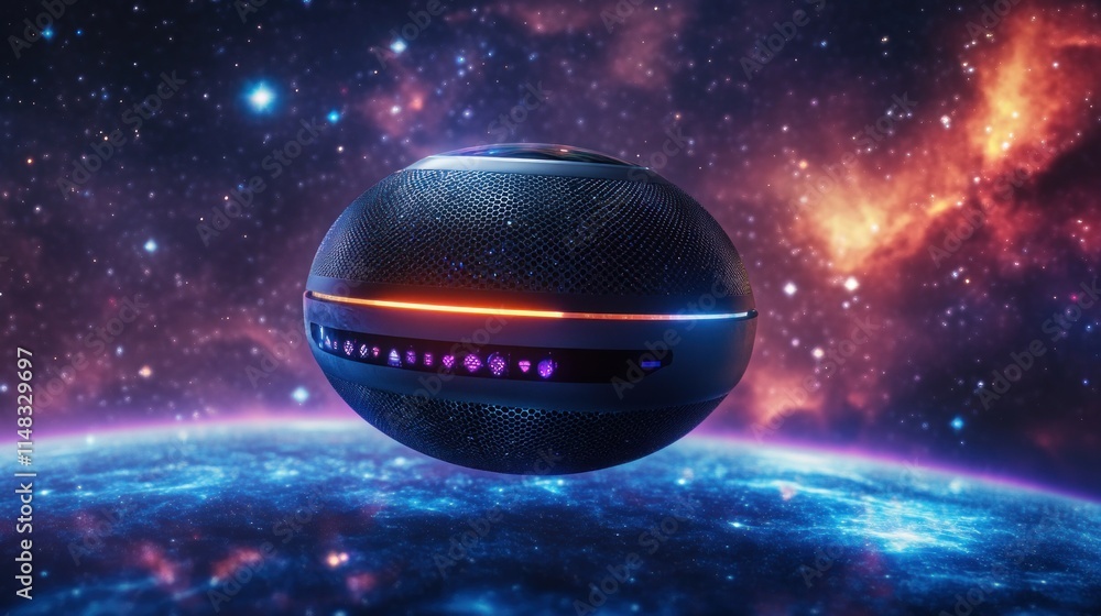 Poster futuristic sphere spaceship hovering above a vibrant planet against a cosmic backdrop.