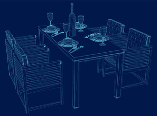 Wireframe Formal Table Setting. Side view. Vector illustration