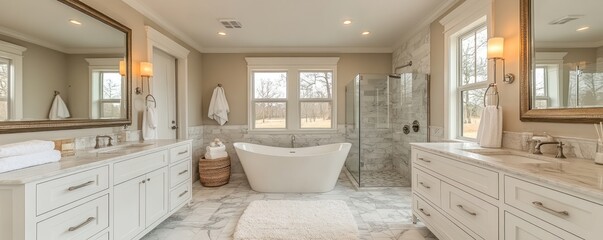 Luxurious master bathroom with freestanding tub, double vanity, and marble floors.