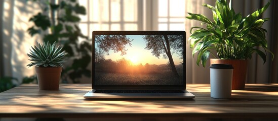 Laptop displaying scenic sunset on wooden desk with potted plants.