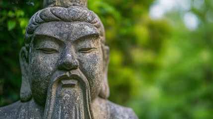 Obraz premium Ancient Stone Statue of Chinese Deity Surrounded by Lush Greenery in Nature