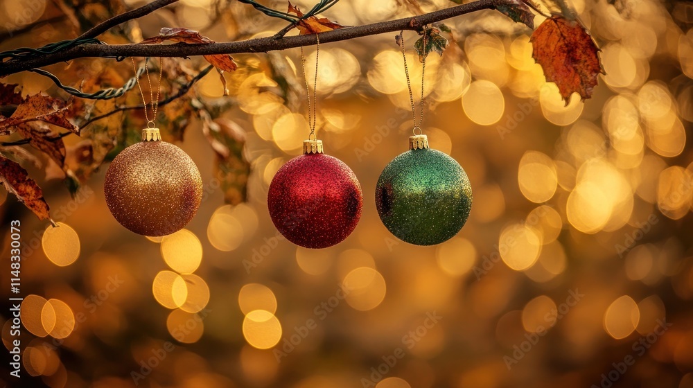 Poster three colorful christmas ornaments hanging from a tree branch with a bokeh background.