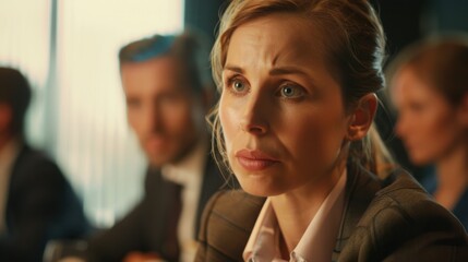 Engaging in a tense discussion at a corporate meeting in a modern office setting filled with uncertainty and anticipation
