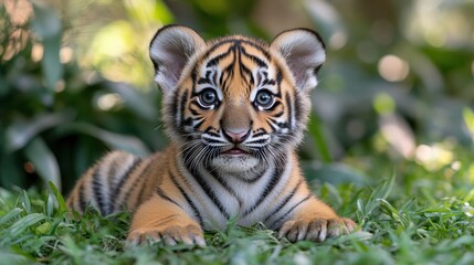 Naklejka premium Adorable tiger cub lying in grass, looking at camera.