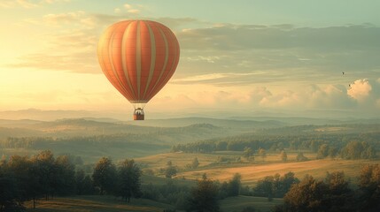 Obraz premium Hot air balloon soaring over tranquil landscape at sunrise.