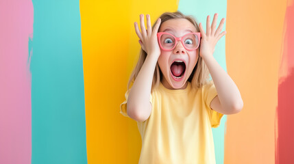 Excited child expressing surprise in a colorful backdrop
