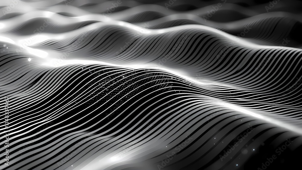Poster futuristic black and white abstract wave pattern design with 3d lines and metallic texture