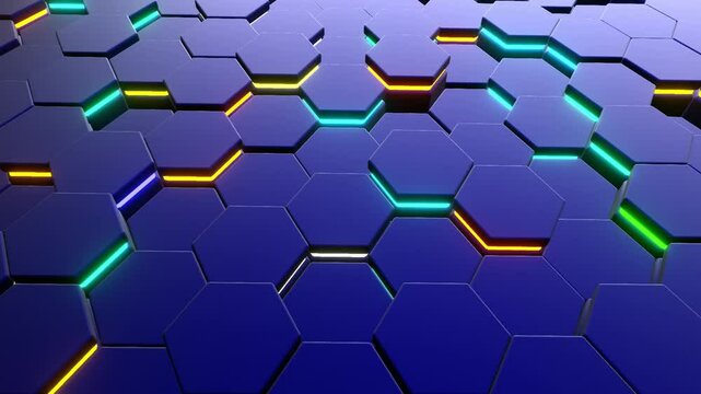 33 seconds of shiny endless moving hexagon tiles with coloured trim lights, futuristic design technology PowerPoint slide presentation concept hd video 