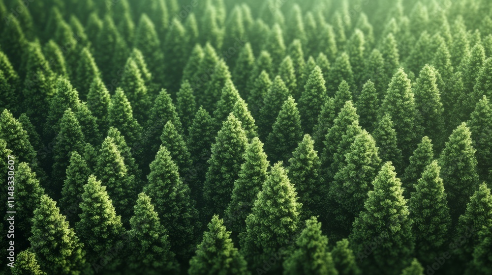 Poster lush green coniferous forest with dense tree coverage and soft light filtering through the branches.