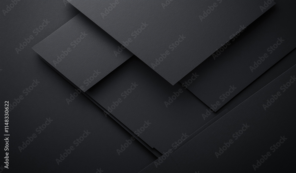  Image features overlapping dark gray and black rectangular shapes creating an abstract geometric pattern with subtle shadows and depth. Modern, minimalist design. 3d rendered 
