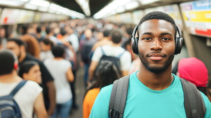 Fototapeta premium City lifestyle commuter with headphones in crowded subway station daily life scene