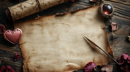Illustration of a flatlay with a magic scroll, a heart-shaped locket, and a quill, leaving the parchment blank for text