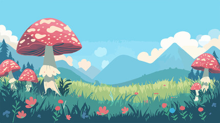 Fototapeta premium Serene Mushroom Meadow Under Blue Sky