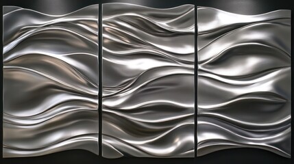 Abstract metallic wall art triptych with flowing wave design.