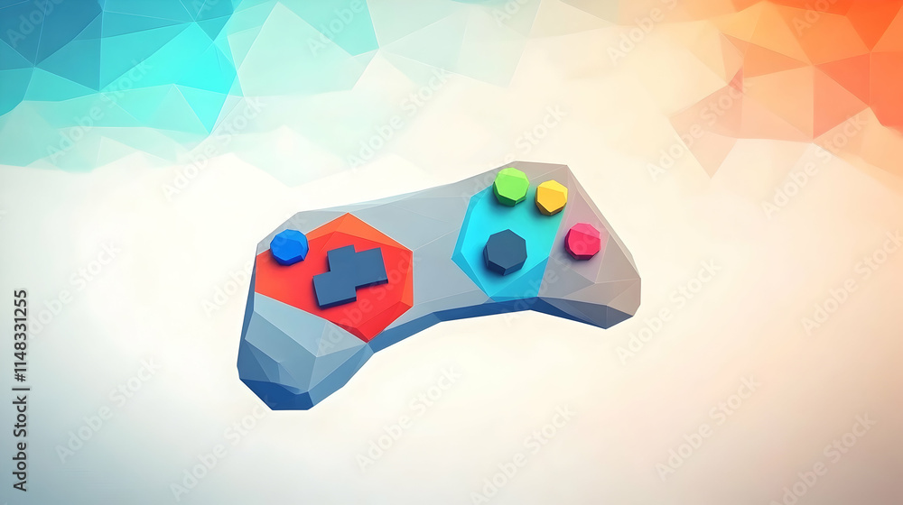 Poster low-poly game controller on abstract background; gaming, website, app design.