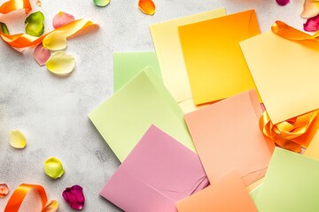A colorful sticky notes design with orange, yellow, and pink notes on a blank paper background, creating a 3D memo and reminder board for business or office use